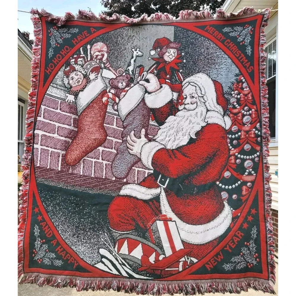 Vintage Christmas Tapestry Throw Blanket Santa Toys Stockings Fringe 50x55 Retro